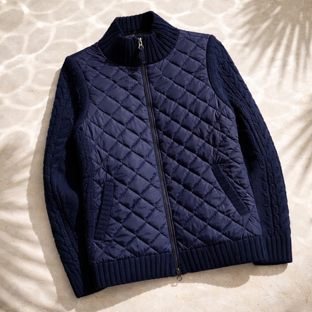 Talbots M Navy Hybrid Quilted Down Puffer Cable Knit Sweater Jacket NWT $200